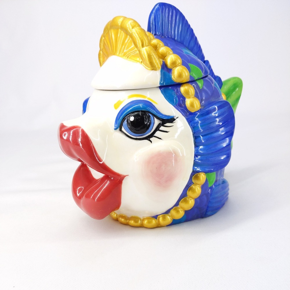 Katherine's Collection Kissing Fish Jar Blue Whimsical Ceramic Lidded Canister